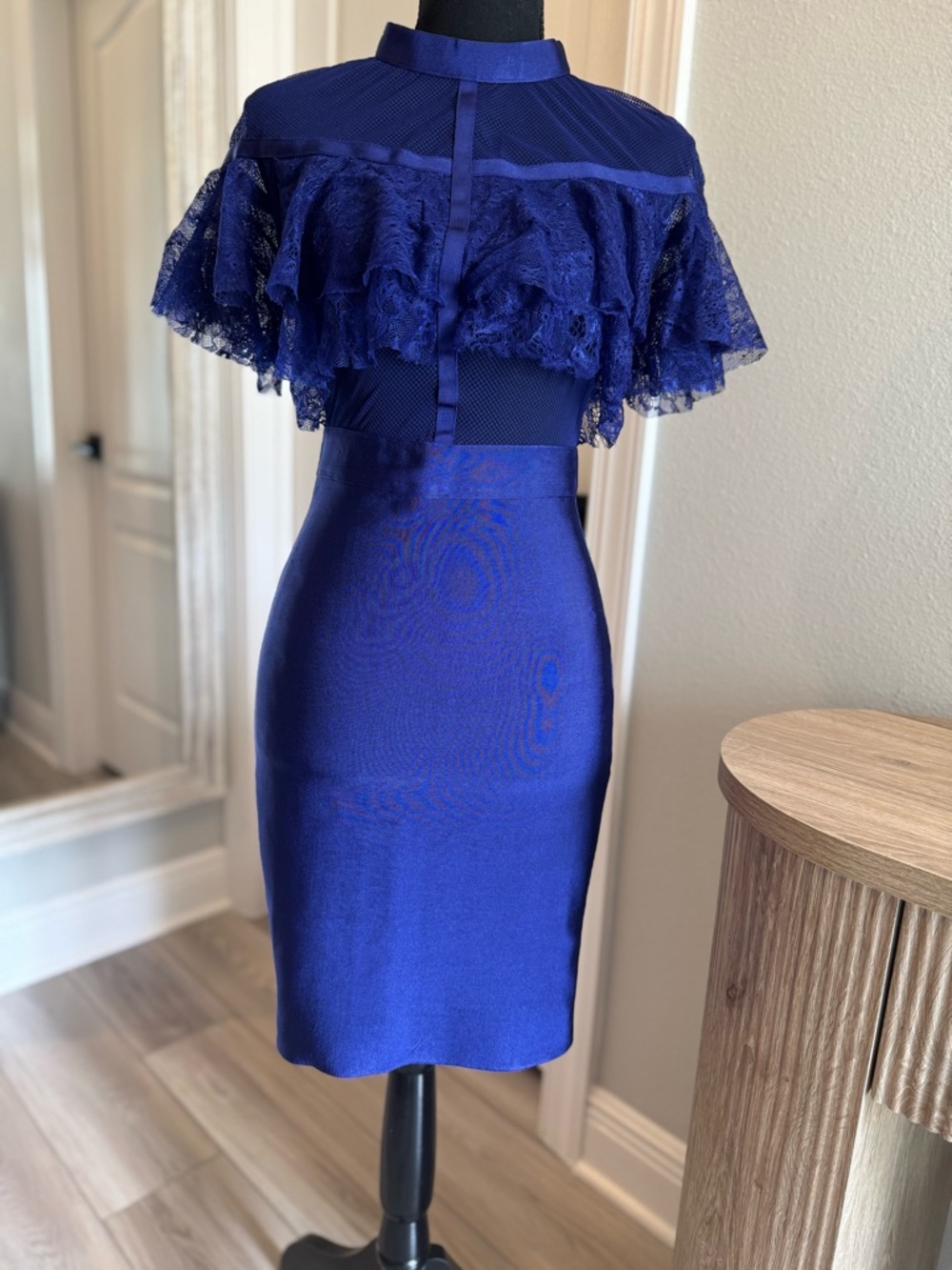 WOW couture Midnight Blue Lace Ruffle Pencil Dress